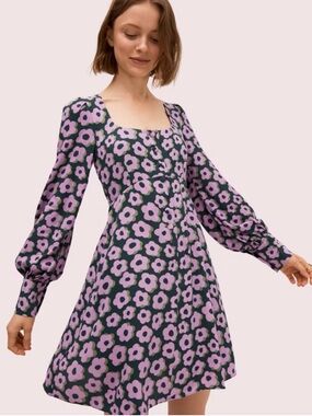 kate spade Black Dress with Purple Floral Print, Square Neck Mini